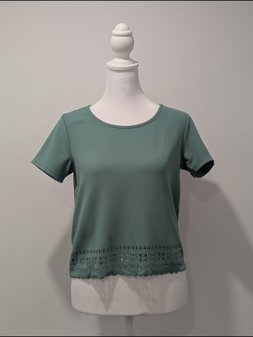 Simons Twik Sage Green Short Sleeve Crewneck Top with Eyelet Hem